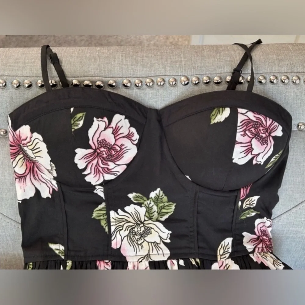 Band of Gypsies Corset Bustier Floral Black Pink Mini Sundress Boho Size S - Picture 3 of 12